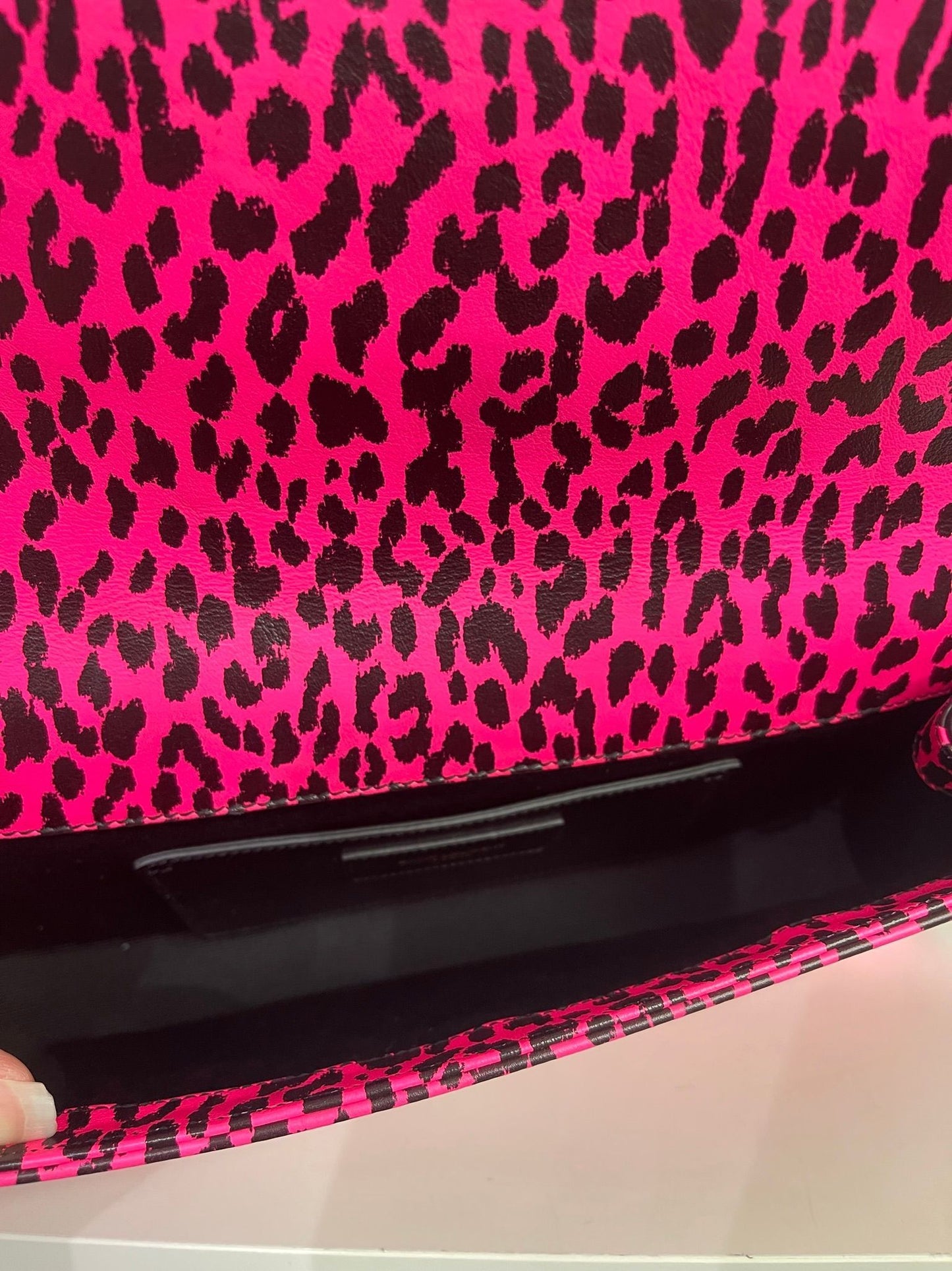 71. Saint Laurent YSL Hot Pink Leopard Cassandra Clutch