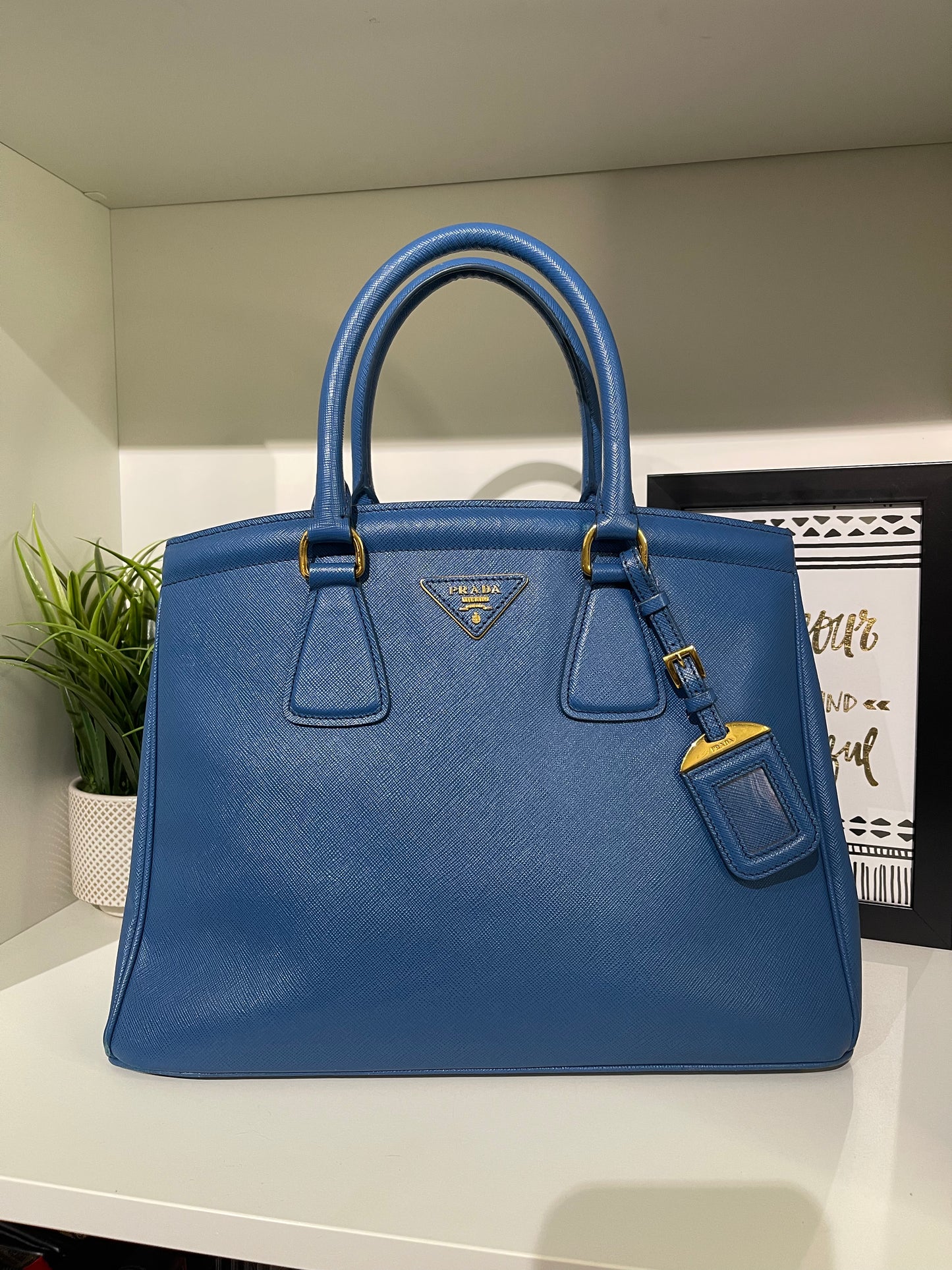 Prada Blue Saffiano Top Handle Tote