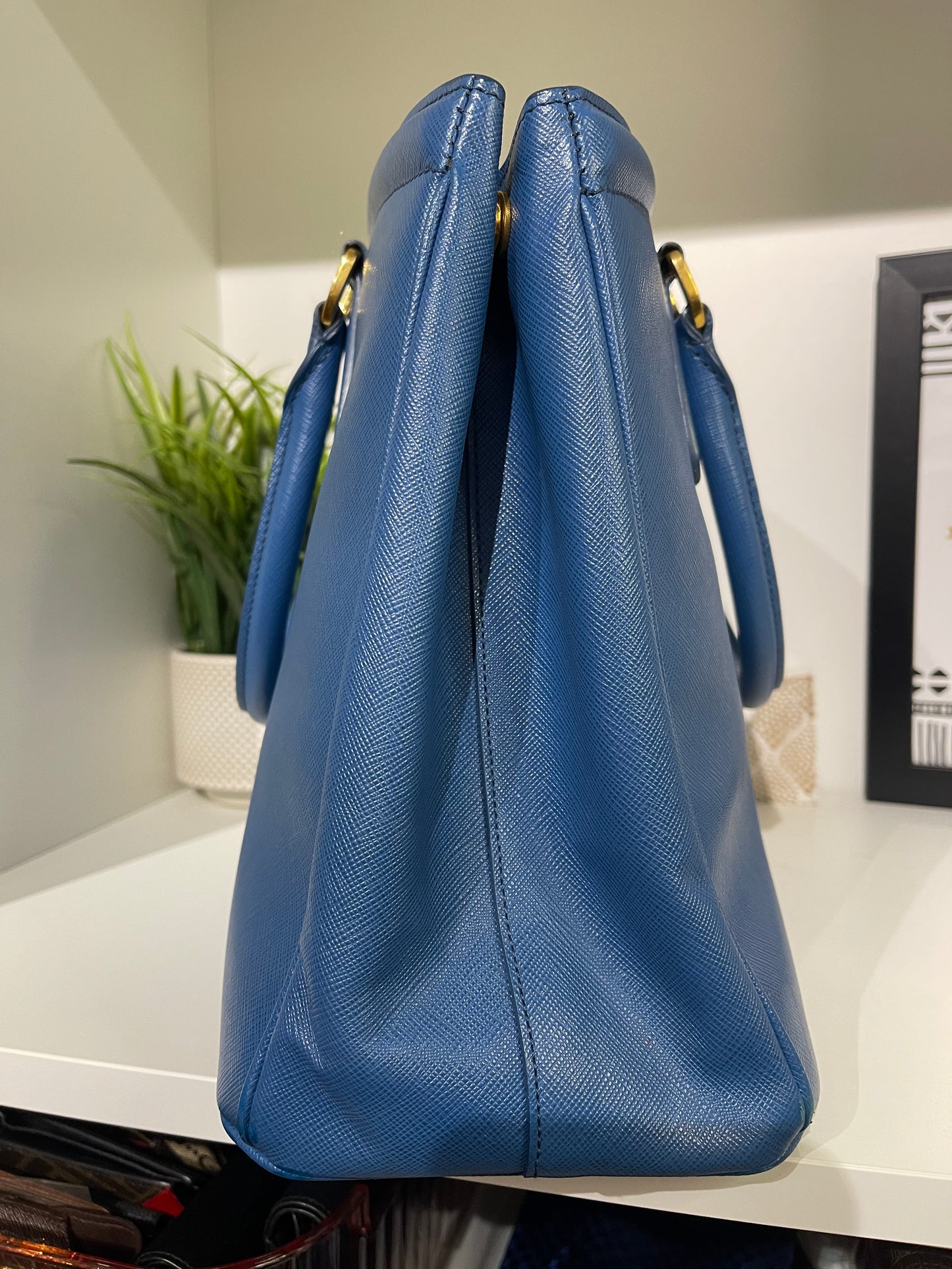 Prada Blue Saffiano Top Handle Tote