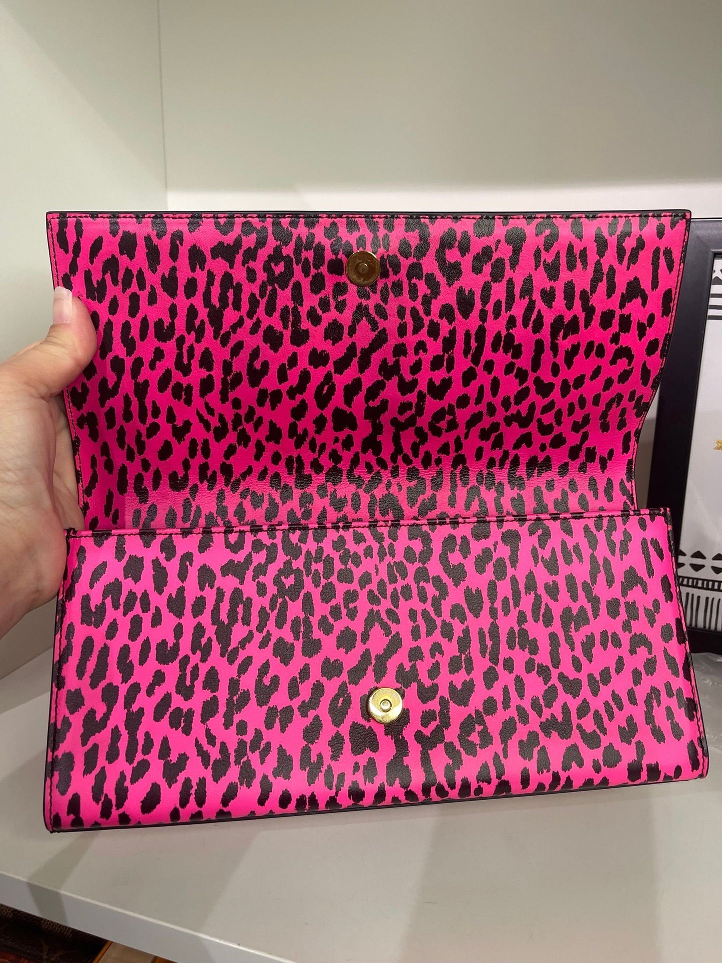 71. Saint Laurent YSL Hot Pink Leopard Cassandra Clutch