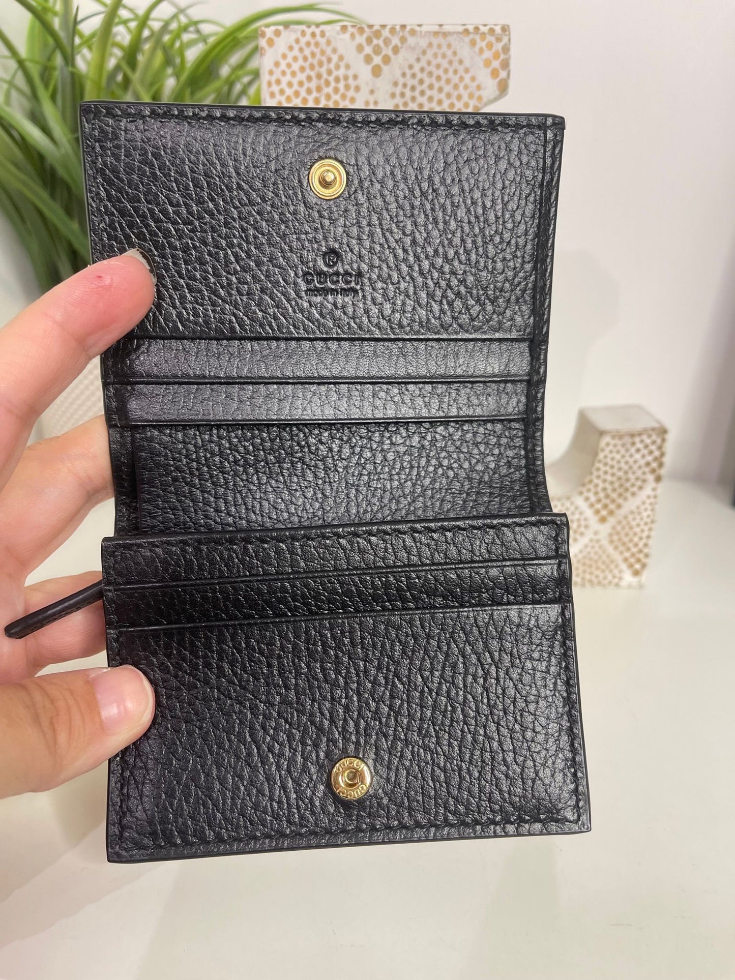 76. Gucci Supreme Compact Wallet Black Leather Trim