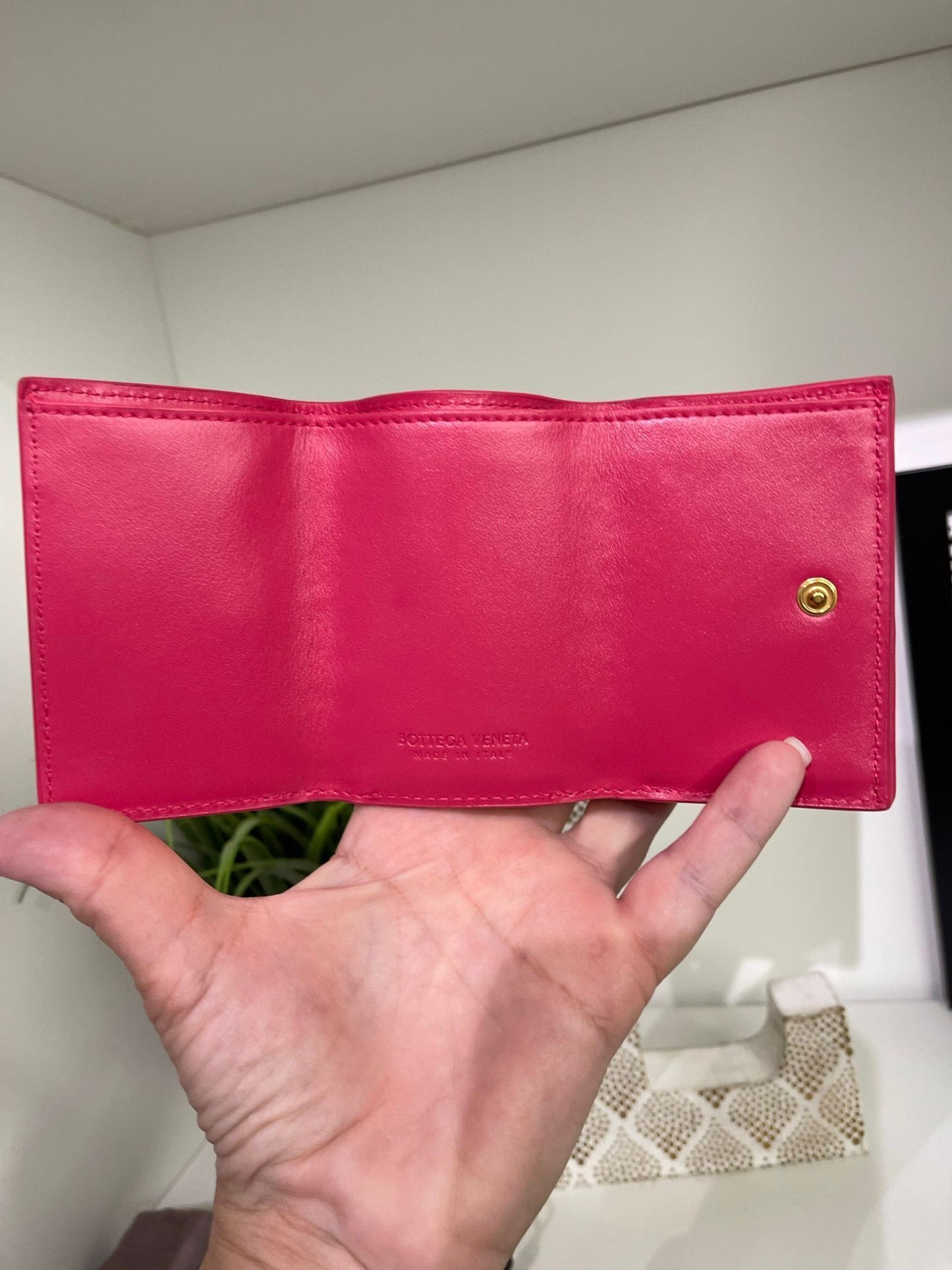 53. Bottega Veneta Pink Intrecciato Compact Wallet