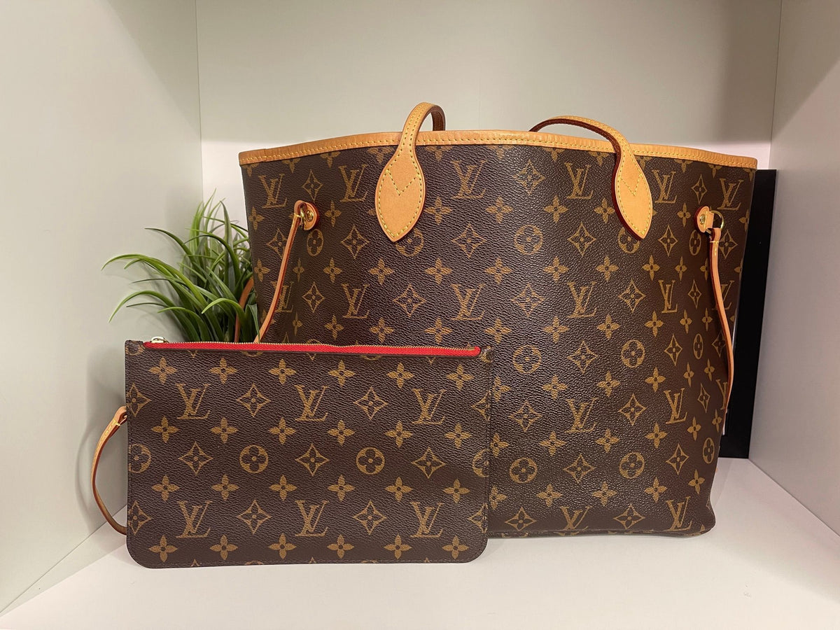 90. Louis Vuitton Monogram Neverfull MM w/ Pouch (Red Interior)