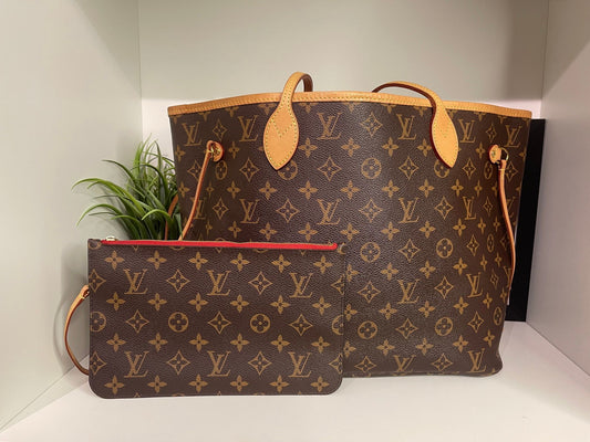 90. Louis Vuitton Monogram Neverfull MM w/ Pouch (Red Interior)