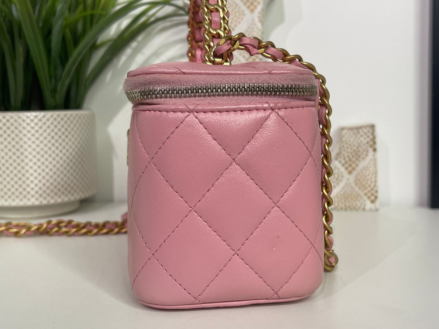 29. Chanel Small Pink Quilted Lambskin Pick Me Up Vanity