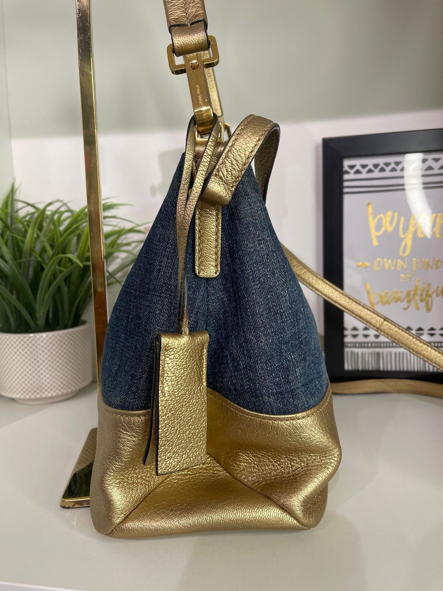 63. Miumiu Denim Metallic Gold 2 Way