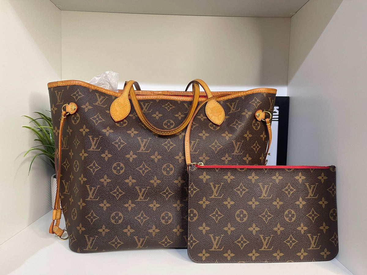 19. Louis Vuitton Monogram Neverfull MM w/ Pouch (Red Interior)